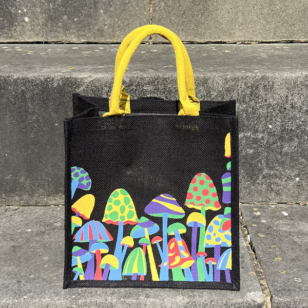 Colourful Mushrooms Black Jute Bag