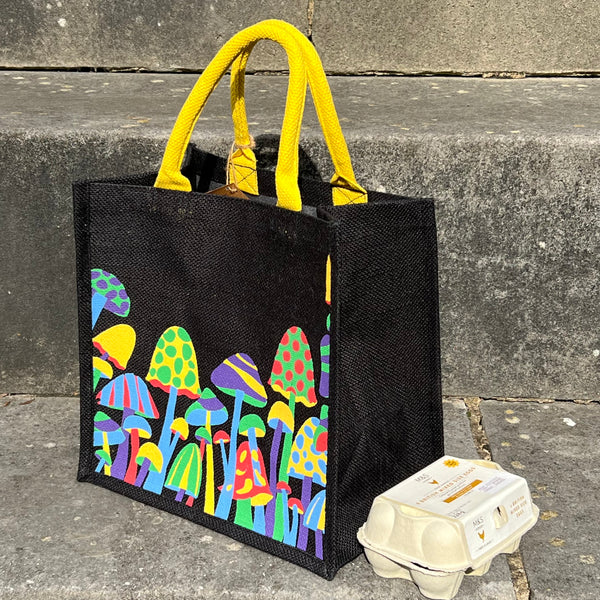 Colourful Mushrooms Black Jute Bag