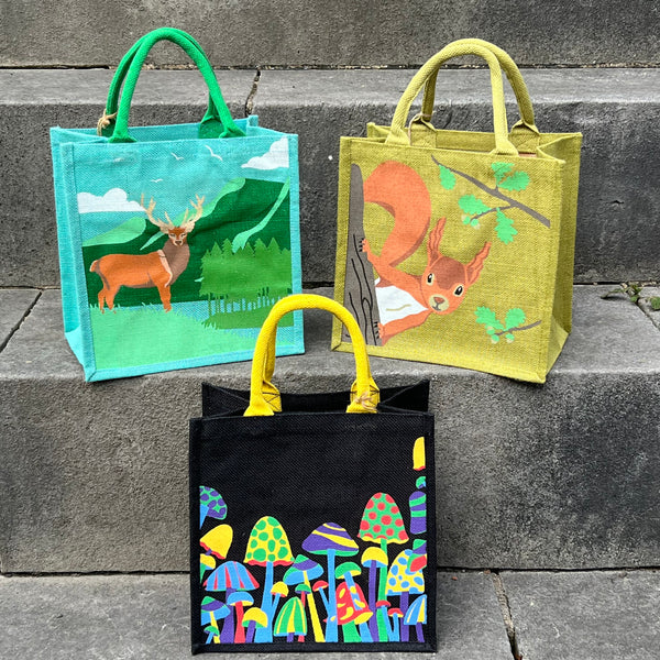 Colourful Mushrooms Black Jute Bag