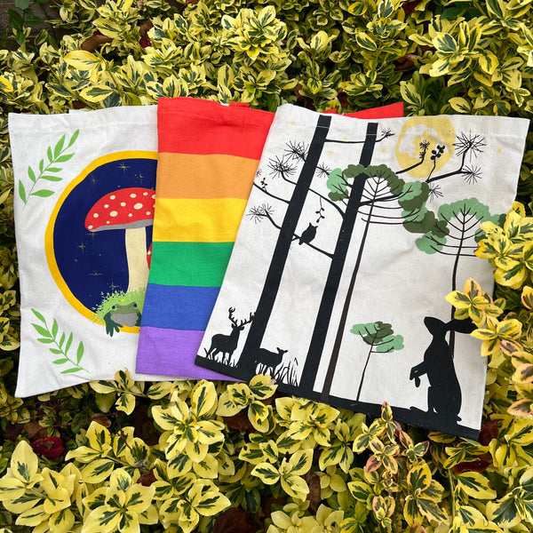 Fly Agaric, Rainbow and Hare and Moon Recycled Cotton Tote Bags