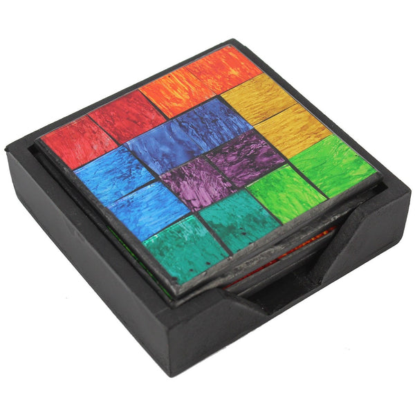 Set of 4 Rainbow Coloured Mosaic Coasters in Holder