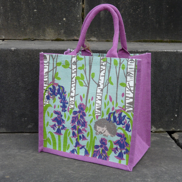 Hedgehog in Bluebell Wood Reusable Jute Bag