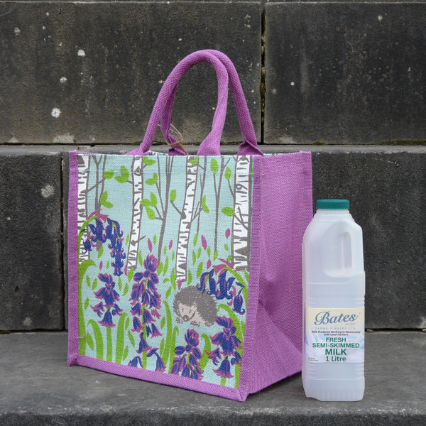 Hedgehog in Bluebell Wood Reusable Jute Bag
