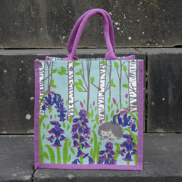 Hedgehog in Bluebell Wood Reusable Jute Bag