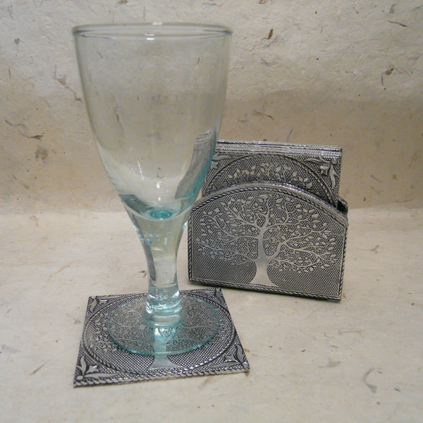 Set of 6 Tree of Life Embossed Aluminium Coasters in Holder