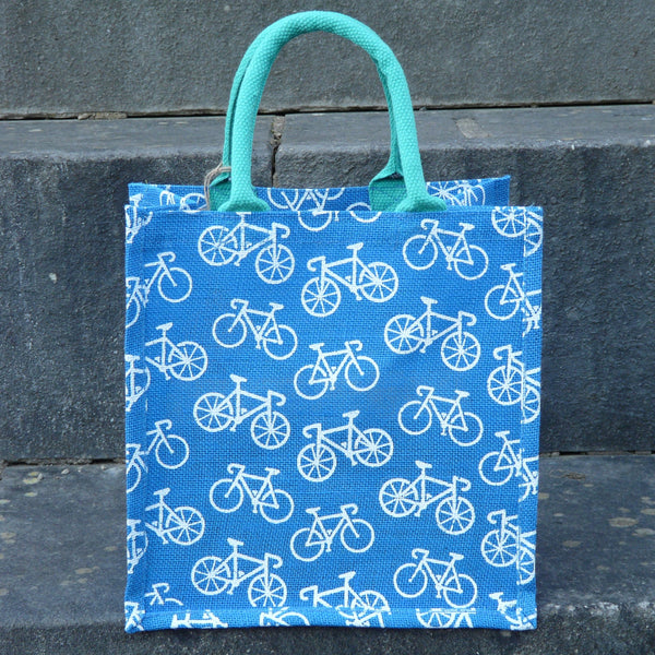 White Bicycles on Blue Jute Bag