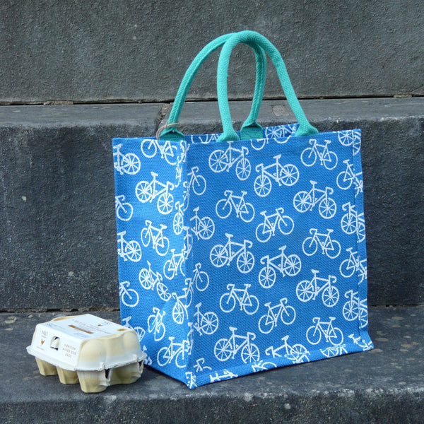 White Bicycles on Blue Jute Bag