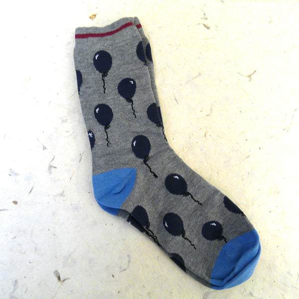 Marle-grey-socks-with-sky-blue-heels-and-toes-self-coloured-tops-with-narrow-red-band-Decorated-with-navy-balloons-with-white-highlight-and-navy-string-from-base