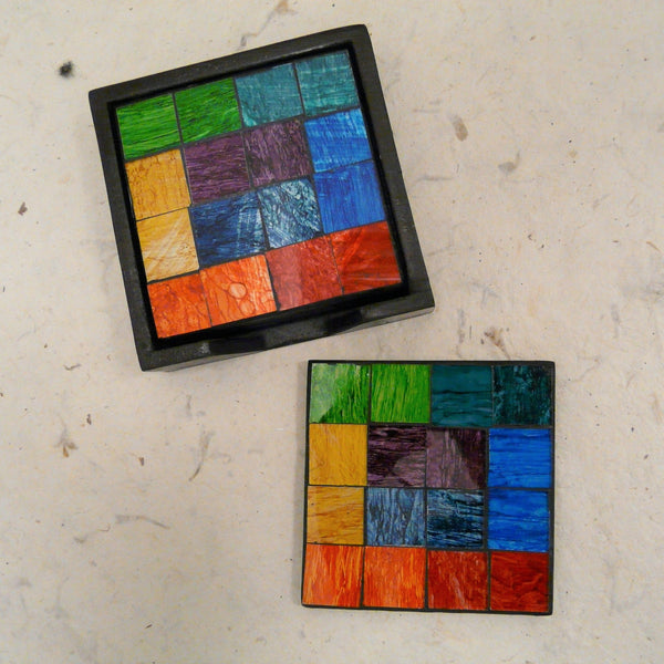 Set of 4 Rainbow Coloured Mosaic Coasters in Holder
