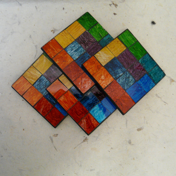 Set of 4 Rainbow Coloured Mosaic Coasters in Holder