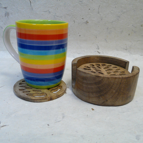 Tree of Life set of 6 Carved Wood Coasters in Holder