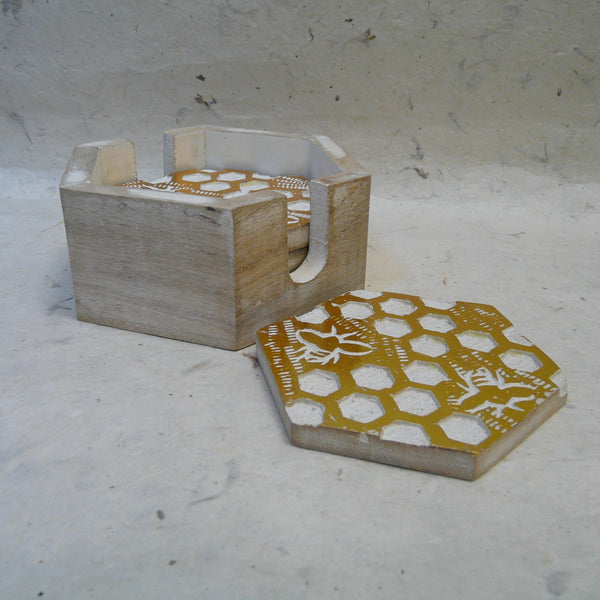 Honeycomb set of 4 Carved Wood Coasters in Holder