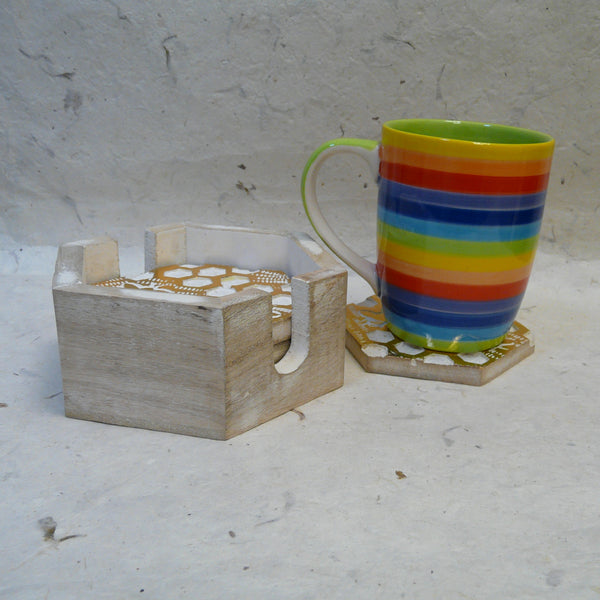 Honeycomb set of 4 Carved Wood Coasters in Holder