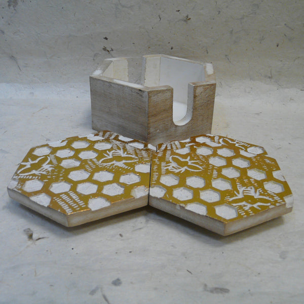 Honeycomb set of 4 Carved Wood Coasters in Holder