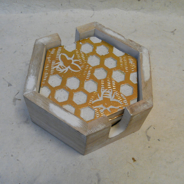 Honeycomb set of 4 Carved Wood Coasters in Holder