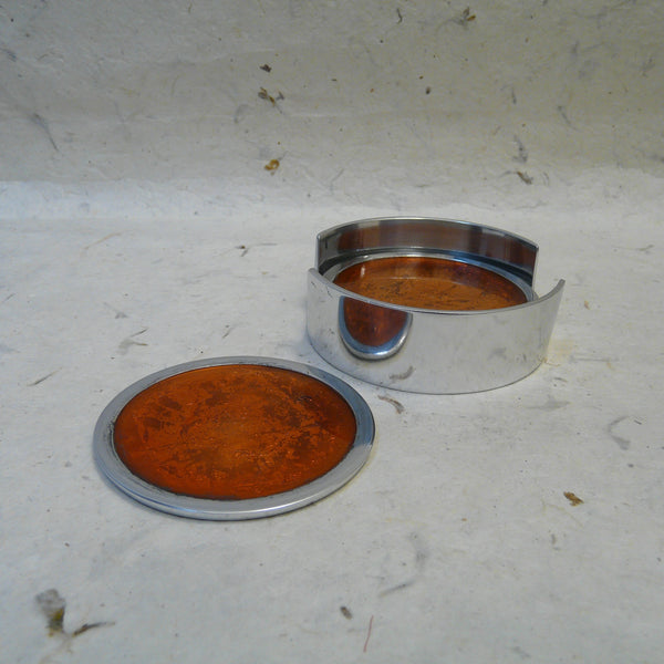 Set of 4 Orange Aluminium Coasters in Holder