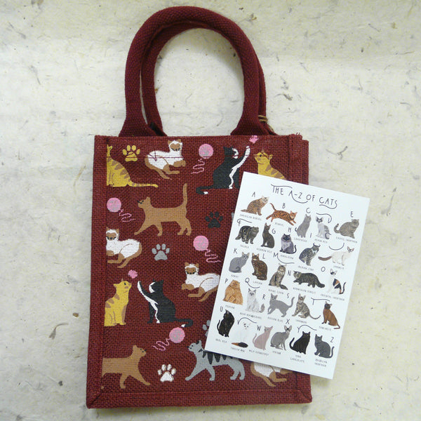Cats Small Burgundy Fair Trade Jute Bag