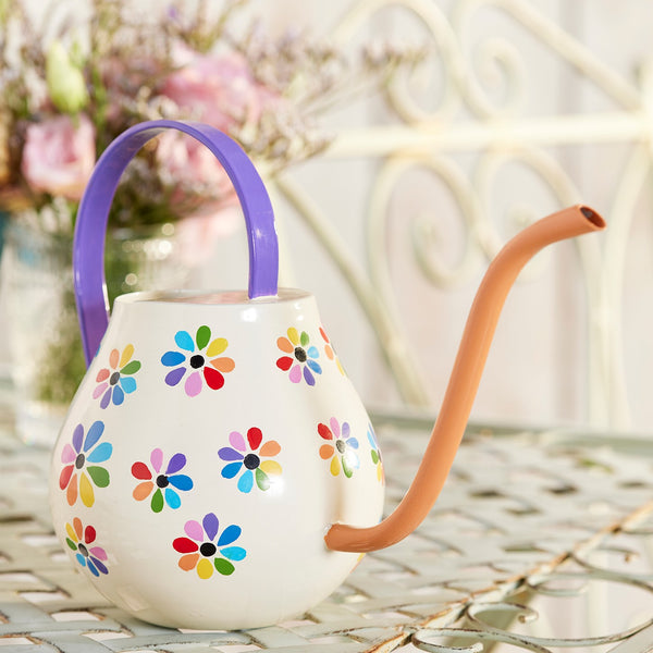 Cream Fair Trade Handpainted Rainbow Flowers Watering Can