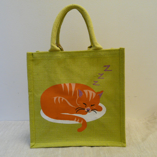 fair-trade-jute-shopping-bag-square-green-ginger-cat-curled-up-asleep
