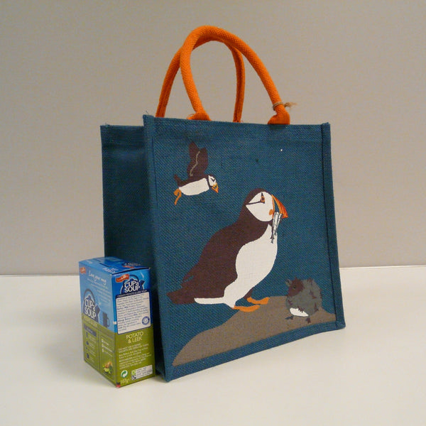 P1110509-Fair-Trade-Jute-Square-Shopping-Bag-Puffin-side-with-soup-box.jpg