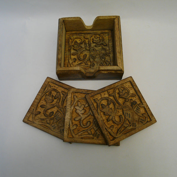 Owl Tree of Life set of 4 Carved Wood Coasters in Holder