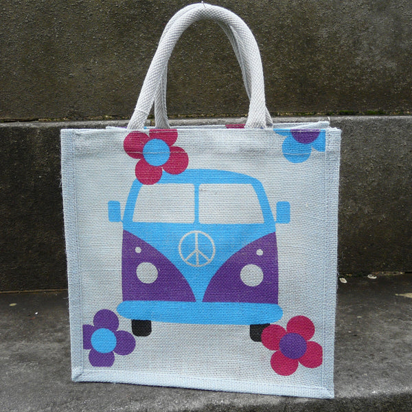 Square Purple Grey Jute Bag with picture of front of blue and purple campervan with 4 flowers