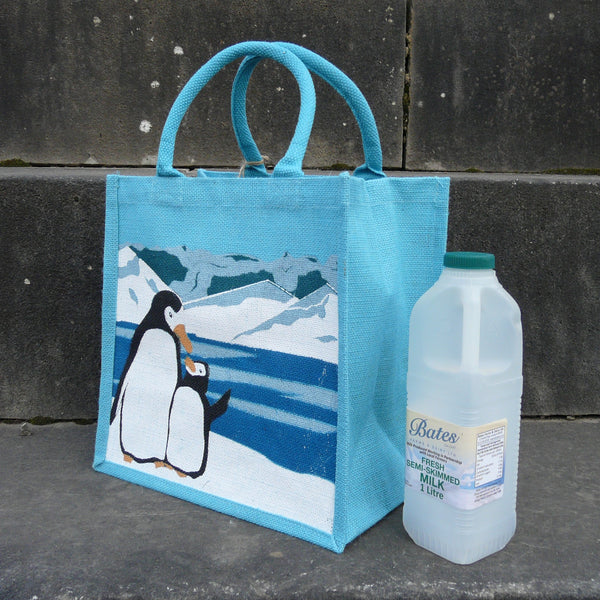 Penguin and Chick Blue Jute Bag