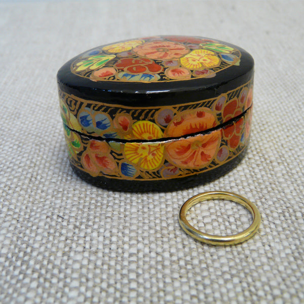 Black with Bright Flowers Hand Painted Papier Mache Ring Box