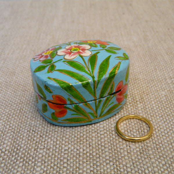 Turquoise with Flowers Hand Painted Papier Mache Ring Box