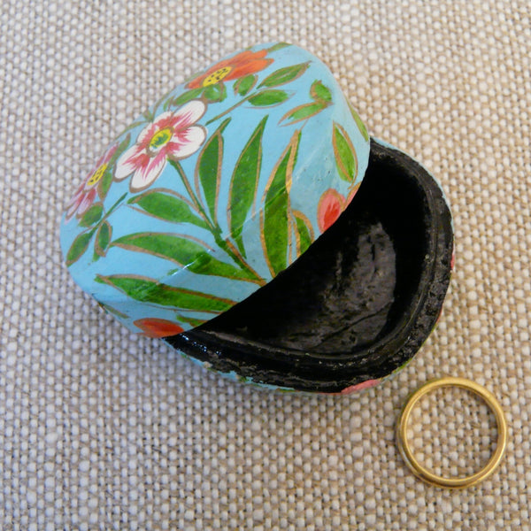 Turquoise with Flowers Hand Painted Papier Mache Ring Box