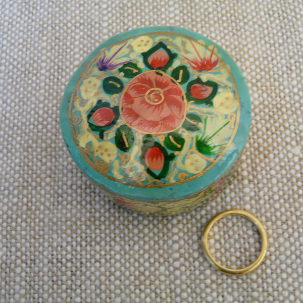Turquoise Green with Cream Hand Painted Papier Mache Ring Box