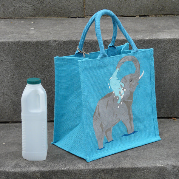Showering Elephant Sky Blue Jute Bag