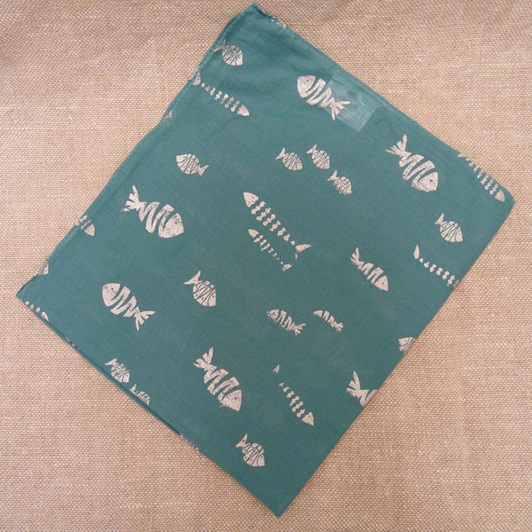 Silver Fish Design on Aqua Cotton Scarf