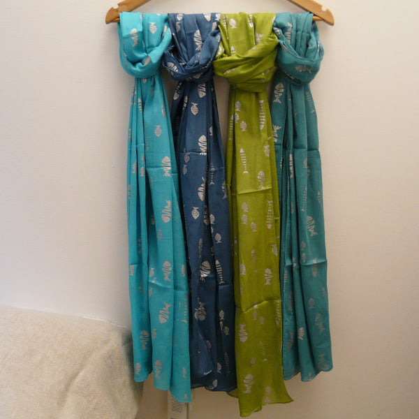 Silver Fish Design on Turquoise Cotton Scarf