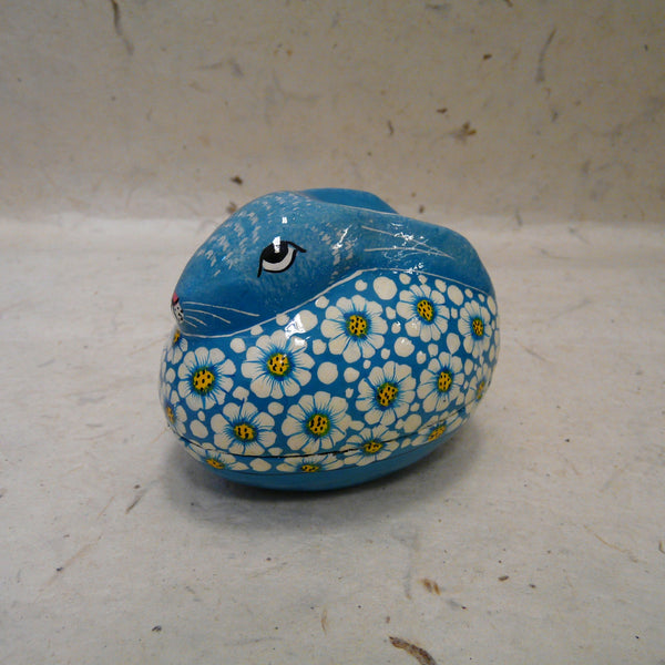 Blue Rabbit with White Flowers Hand Painted Papier Mache Box
