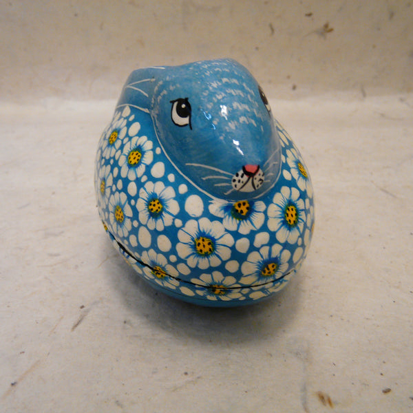 Blue Rabbit with White Flowers Hand Painted Papier Mache Box