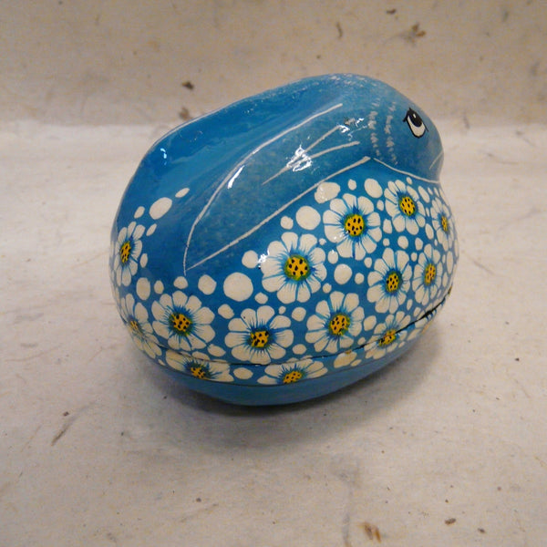 Blue Rabbit with White Flowers Hand Painted Papier Mache Box