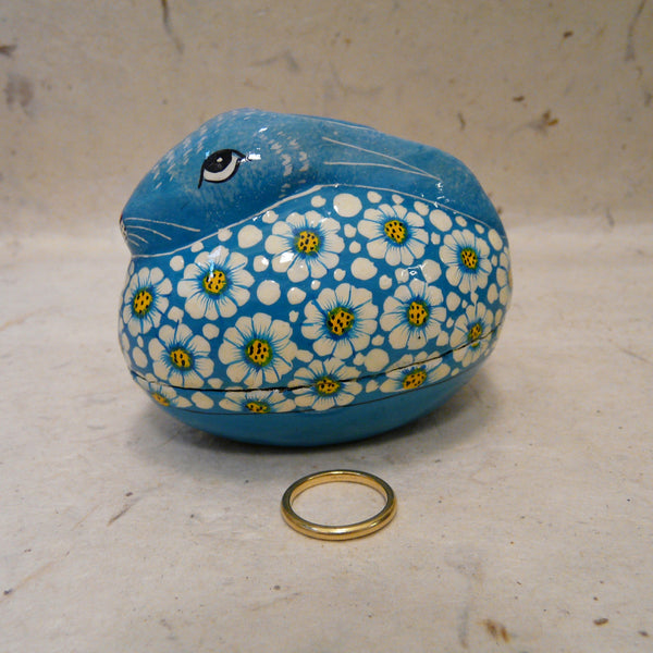 Blue Rabbit with White Flowers Hand Painted Papier Mache Box