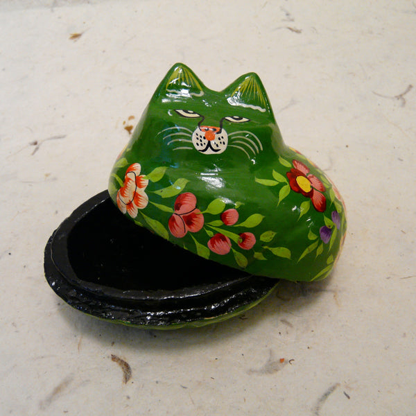 Green Cat Hand Painted  Fair Trade Papier Mache Box