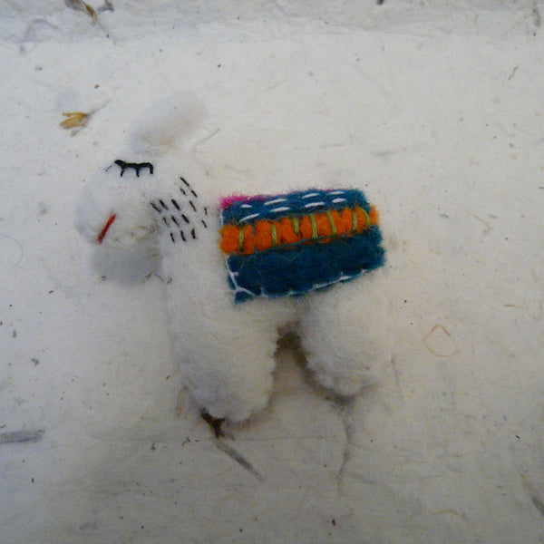 White Llama Brooch with Striped Felt Blanket