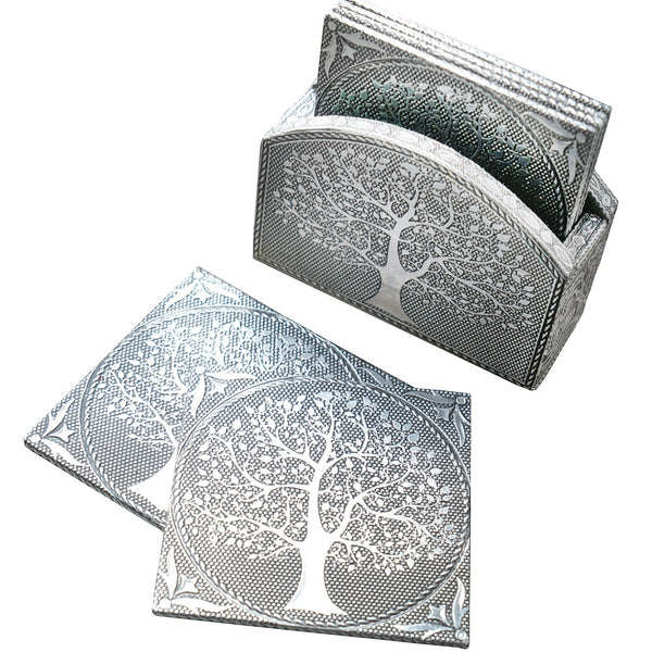 Set of 6 Tree of Life Embossed Aluminium Coasters in Holder