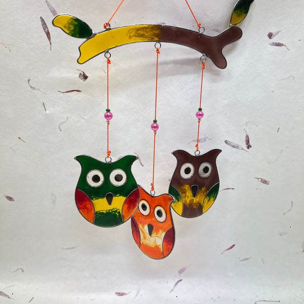 Three Owls on a Branch Suncatcher