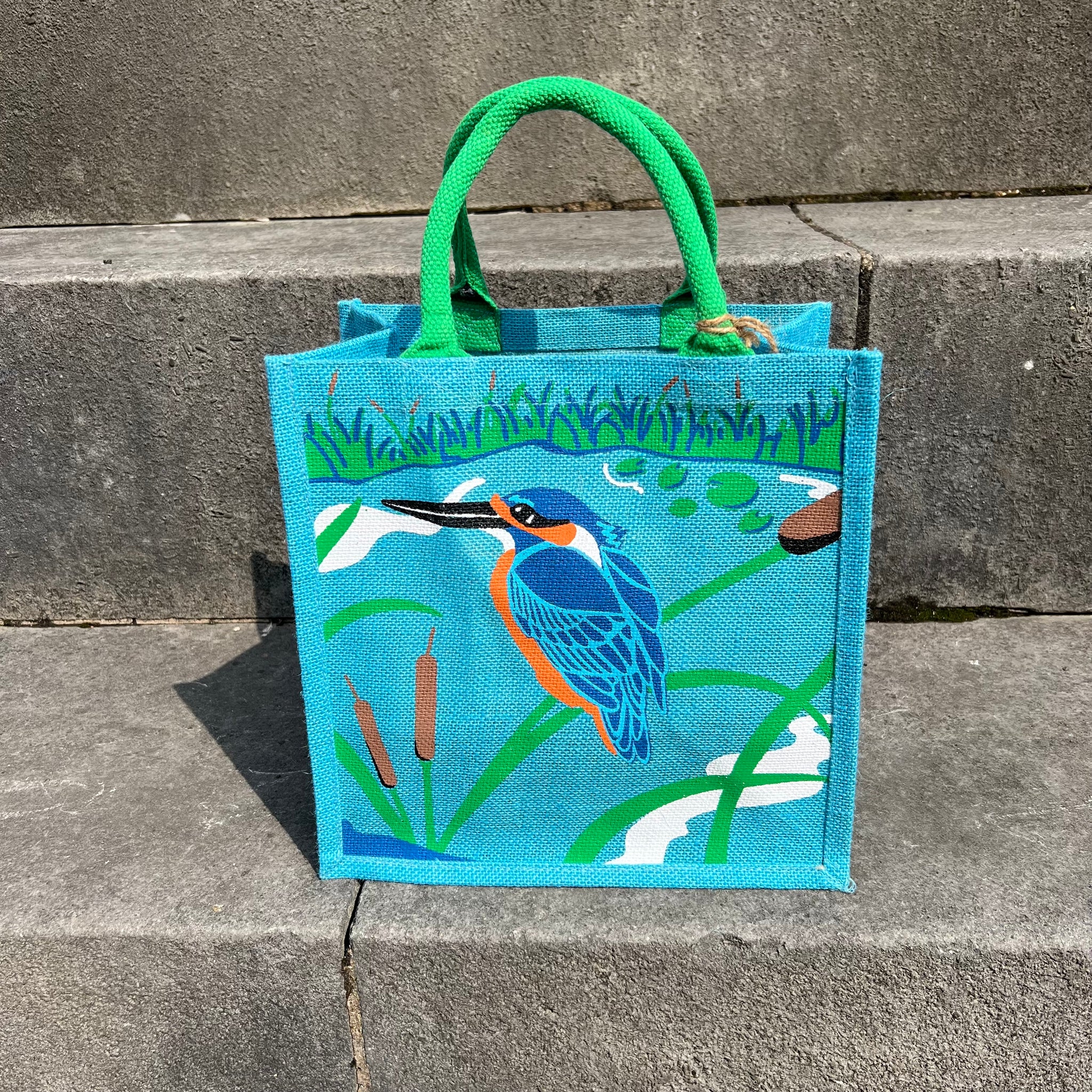 Kingfisher Aqua Blue Jute Bag with Green Handles