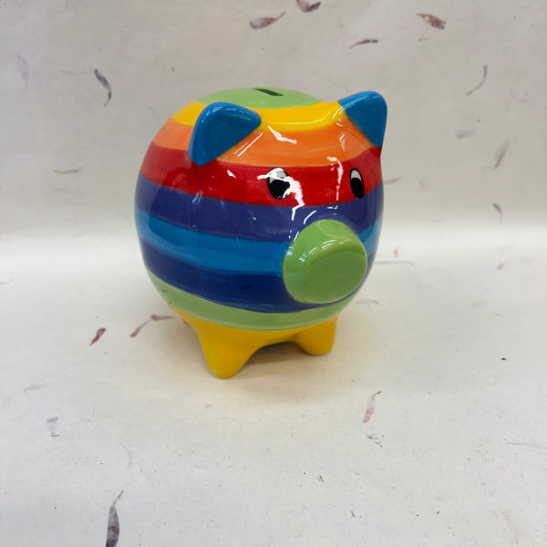 Rainbow Stripe Handpainted Ceramic Pig Money Box