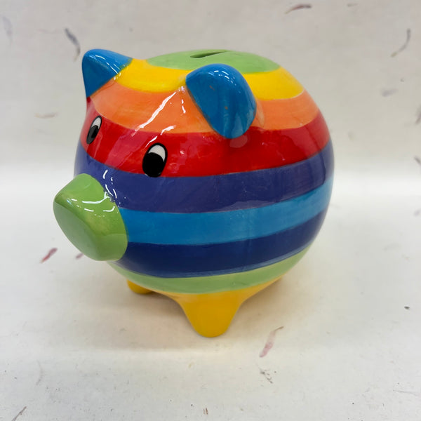 Rainbow Stripe Handpainted Ceramic Pig Money Box