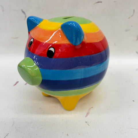 Rainbow Stripe Handpainted Ceramic Pig Money Box