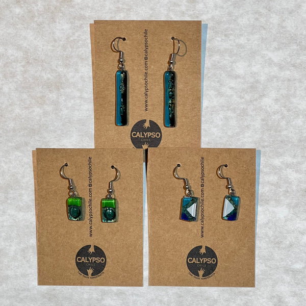 Blue Green Recycled Glass Earrings Dangles