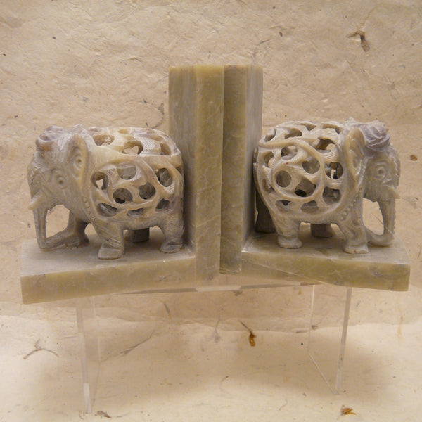 Pair of Hand Carved Soapstone Elephant Bookends