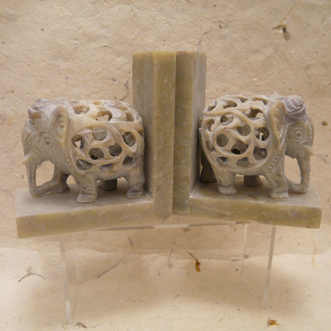 Pair of Hand Carved Soapstone Elephant Bookends