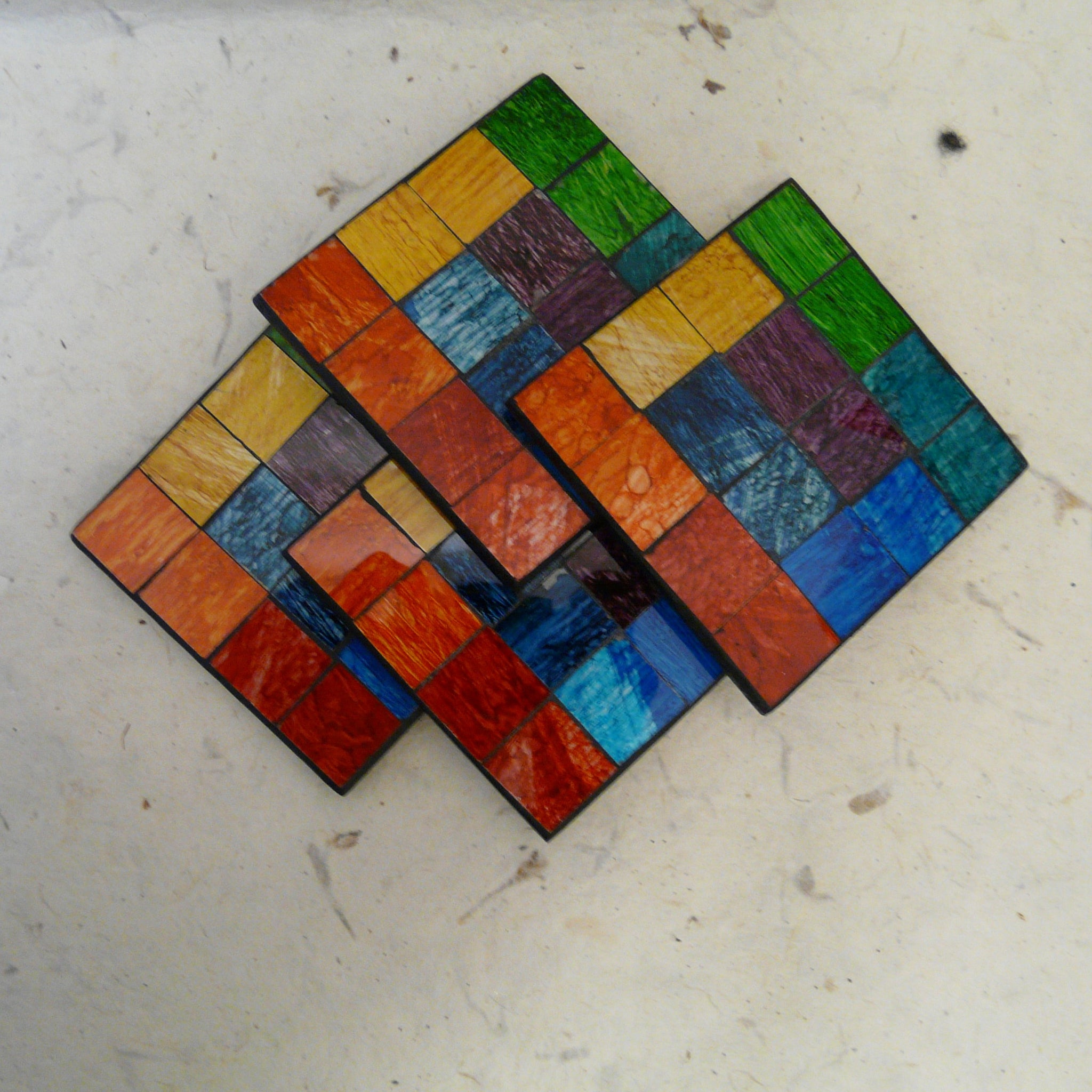 Set of 4 Rainbow Coloured Mosaic Coasters in Holder